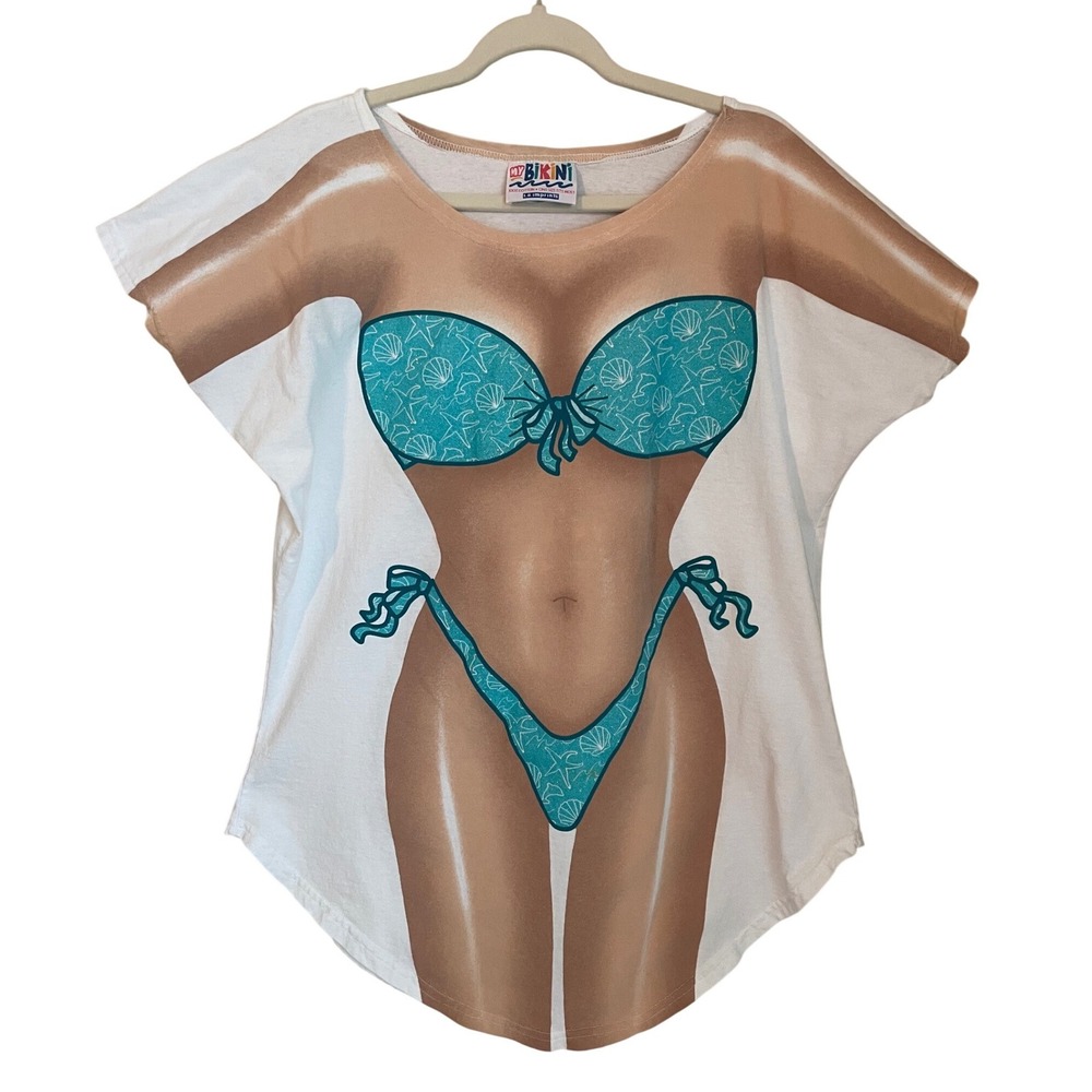 LA Imprints My Bikini Body Graphic T-Shirt White Teal Glitter Made USA One Size